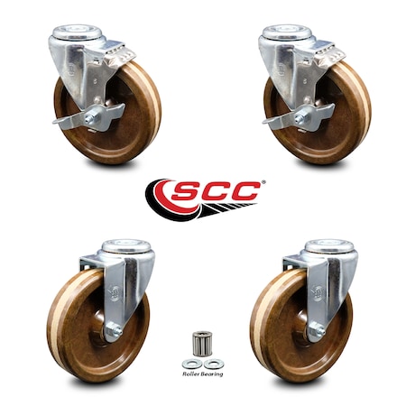 Service Caster 5 Inch High Temp Phenolic Wheel Swivel Bolt Hole Caster Set with 2 Brake SCC SCC-BH20S514-PHRHT-2-TLB-2